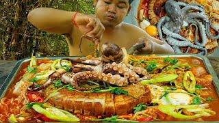 Cooking And Eating Green Noodle Octopus In Forest.