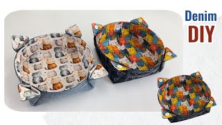 How to sew denim small fabric basket ,Sewing diy fabric tray , diy fabric boxes tutorial ,Denim diy
