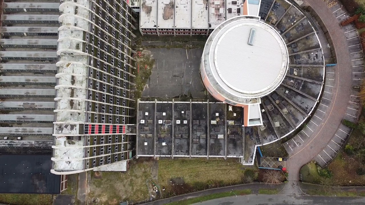 Toast rack and poached egg buildings Manchester (Aerial footage