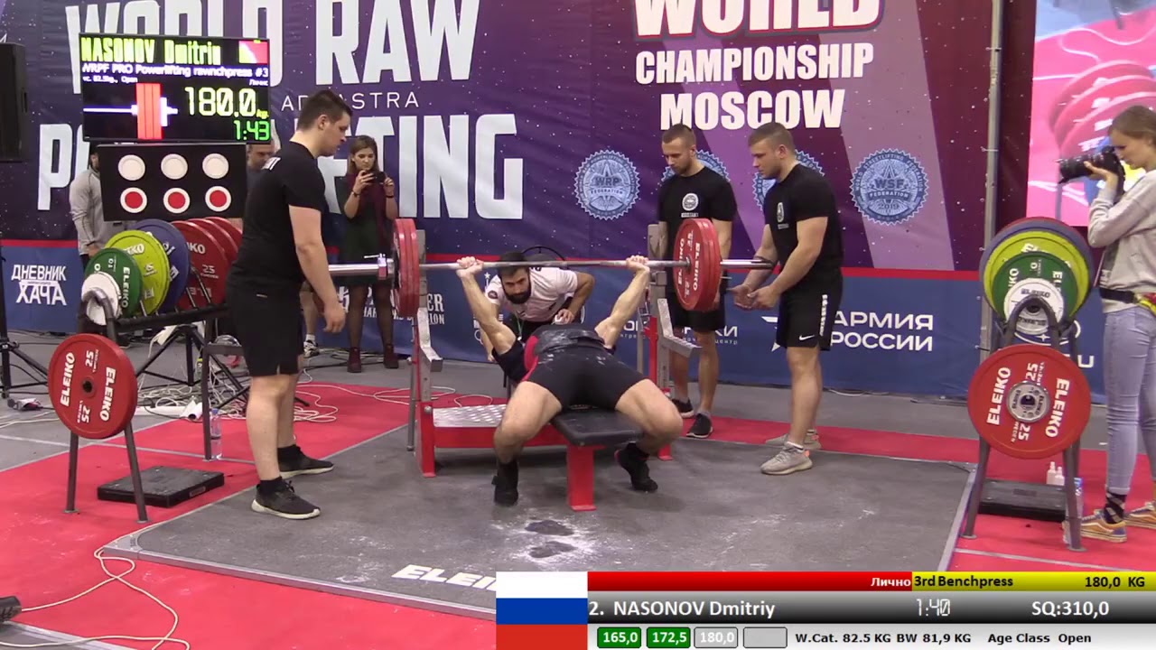 Dmitriy Nasonov 180 kg/397 lbs bench at 82.5 kg/182 lbs BW