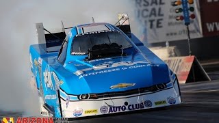 John Force drives his 2015 Peak Antifreeze Camaro to a 3.985 at 322.81 MPH