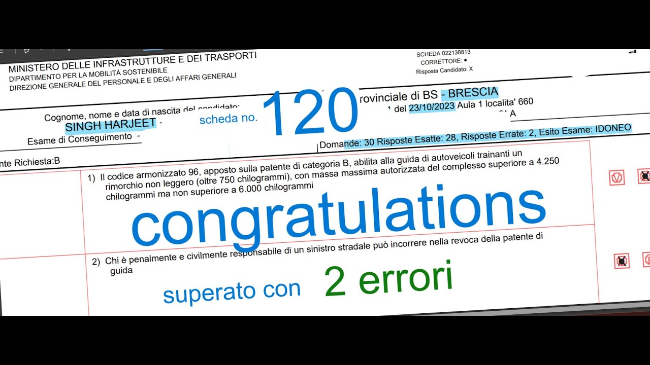 scheda esame patente B superato con 2 errori di SINGH HARJEET
