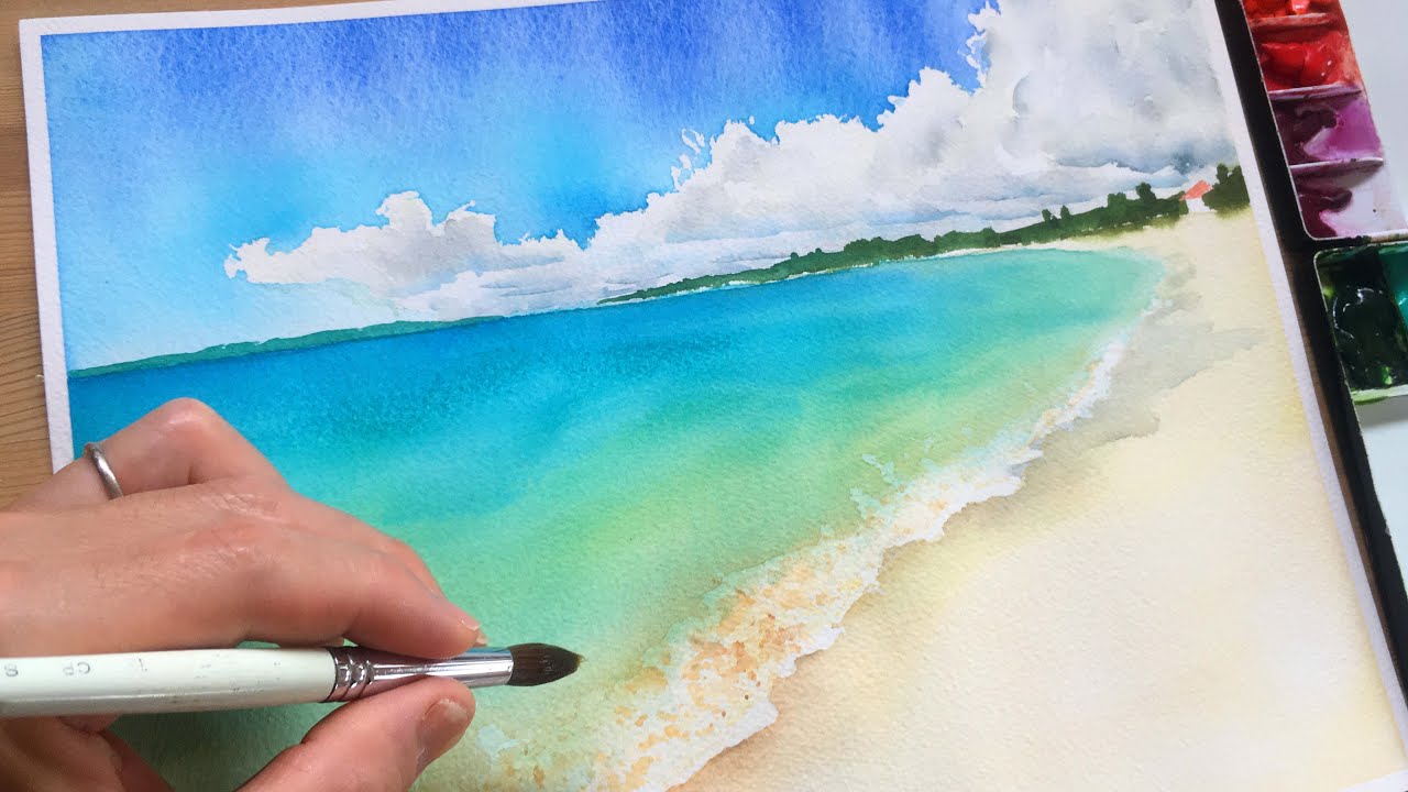 水彩初心者必見 美しい海 青空 砂浜の描き方 プロセスを解説します Youtube