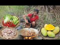 Pork intestine spicy cooking so delicious food for dinner - Survival cooking in forest