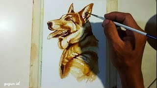 cara melukis dengan ampas kopi, menggambar binatang anjing,| coffee painting.