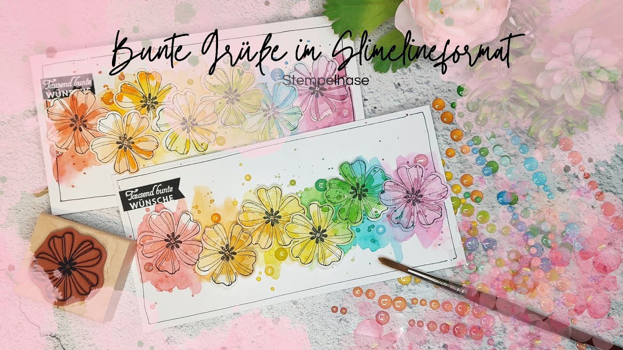 DIY Bastelanleitung mit Papier für eine bunte Slimelinekarte mit Blumen