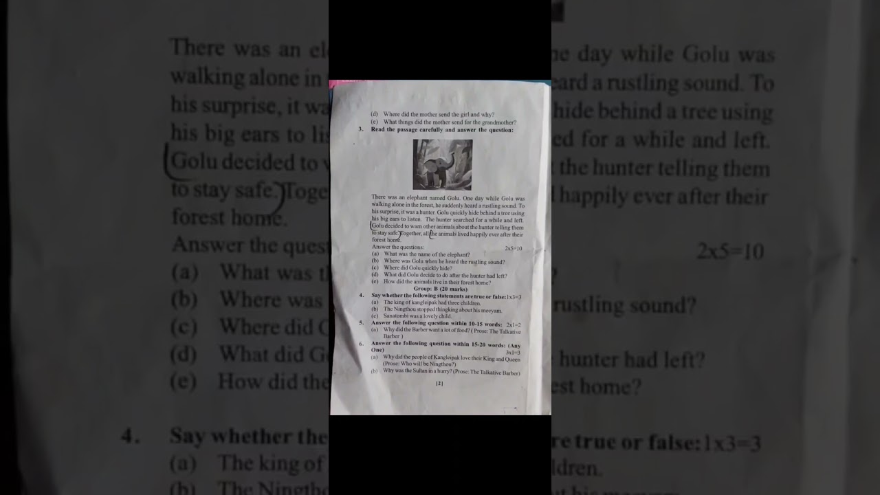 Tripura board class 5 english annual exam previous year question 2024-2025