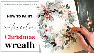 Christmas wreath watercolor painting (Christmas card idea for beginners)