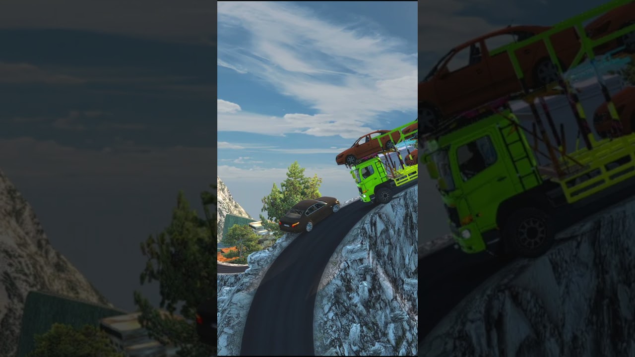 Heavy Car Transporter Truck with Multiple Vehicles Driving on Steep Mountain Road  
