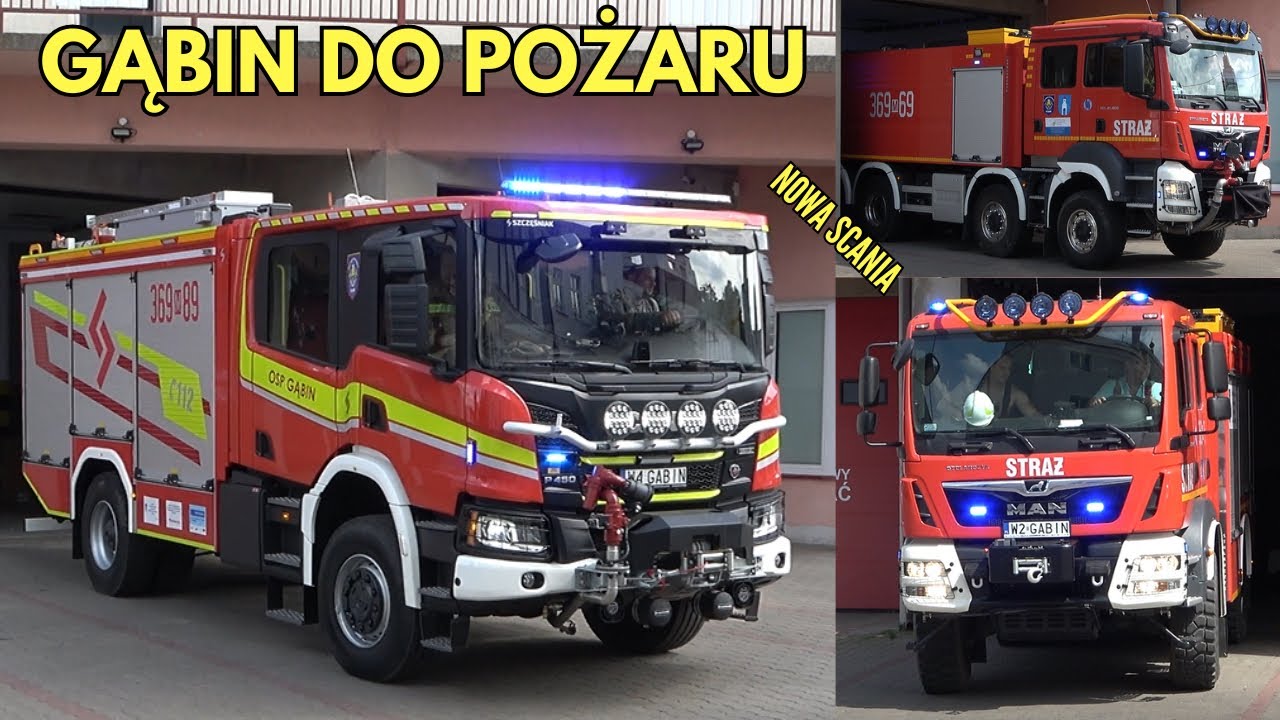 Alarmowanie i wyjazd 3 zastępów z OSP Gąbin do pożaru - NOWA ciężka Scania, MAN TGS i średni MAN TGM