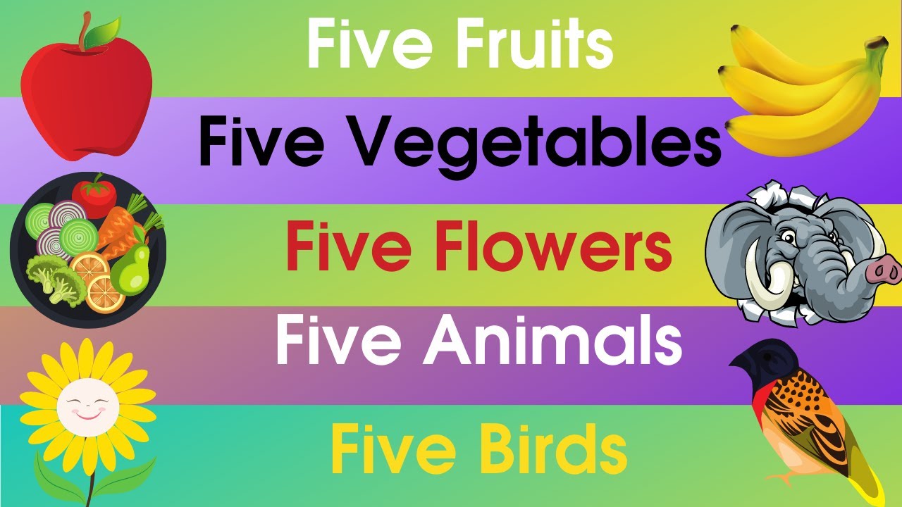 Five Fruits Name | Five Animals Name | Five Birds Name | Five Vegetables  Name | Five Flowers Name - YouTube