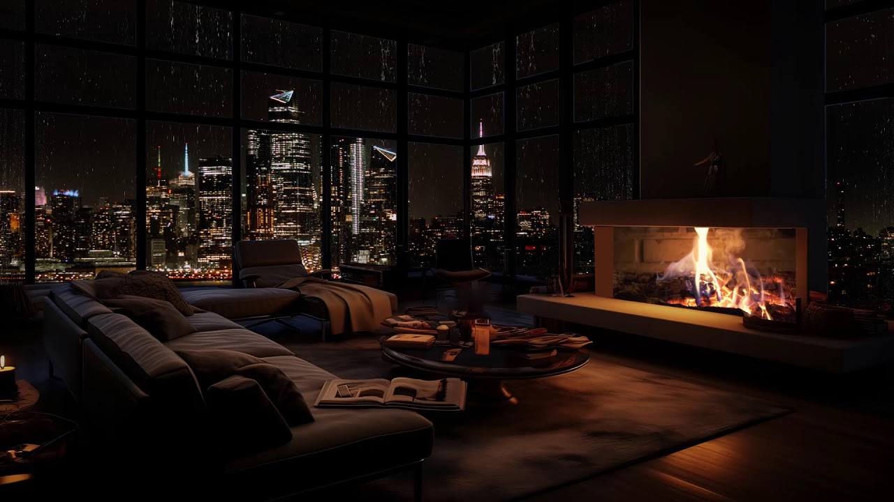 Regen- und Kaminatmosphäre: Gemütliches Schlafzimmer mit Blick auf die nächtliche Stadt 🌧️🔥🌃