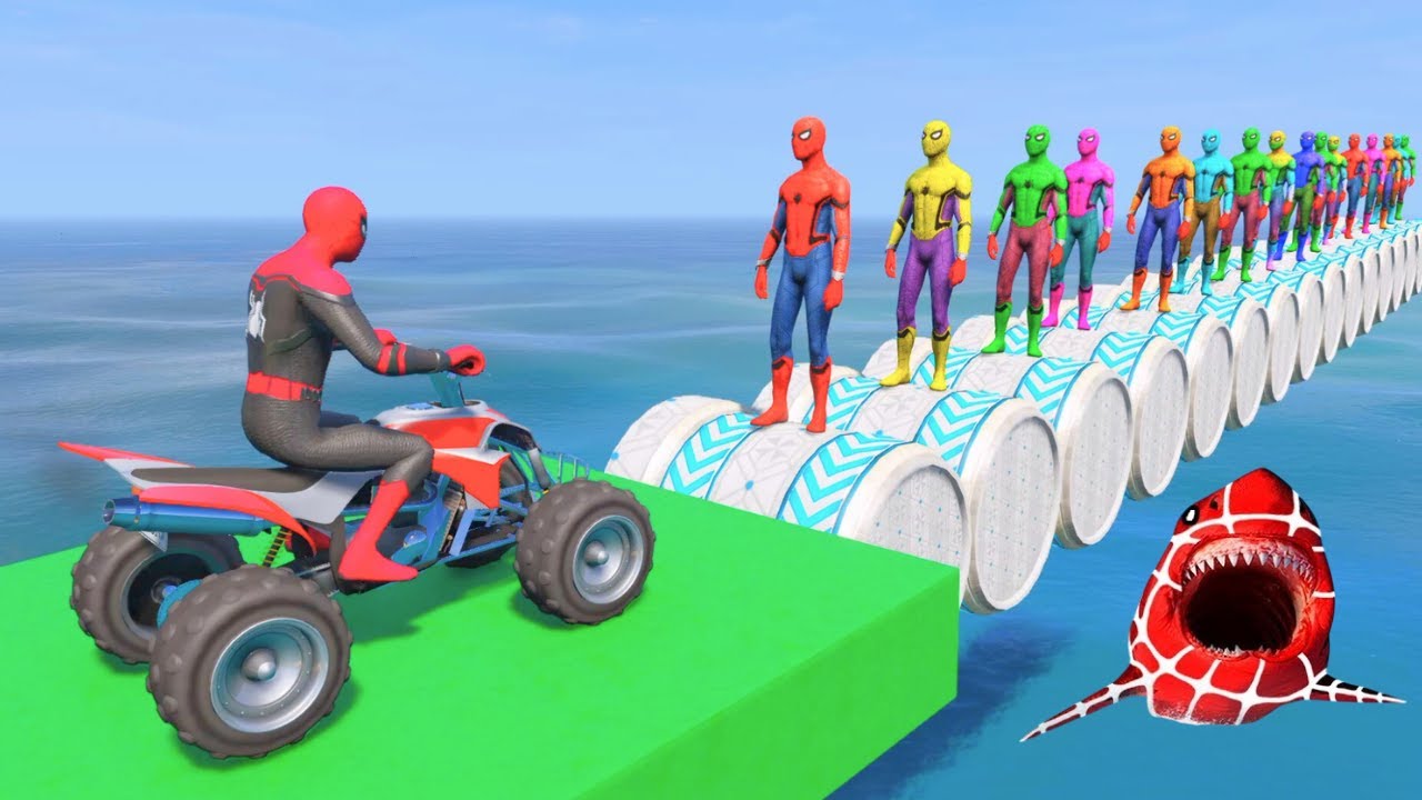 سبايدر مان اصعب دراجة نارية فوق اسماك القرش - Superheroes Ride on Motorcycle Stunt Funny Moments