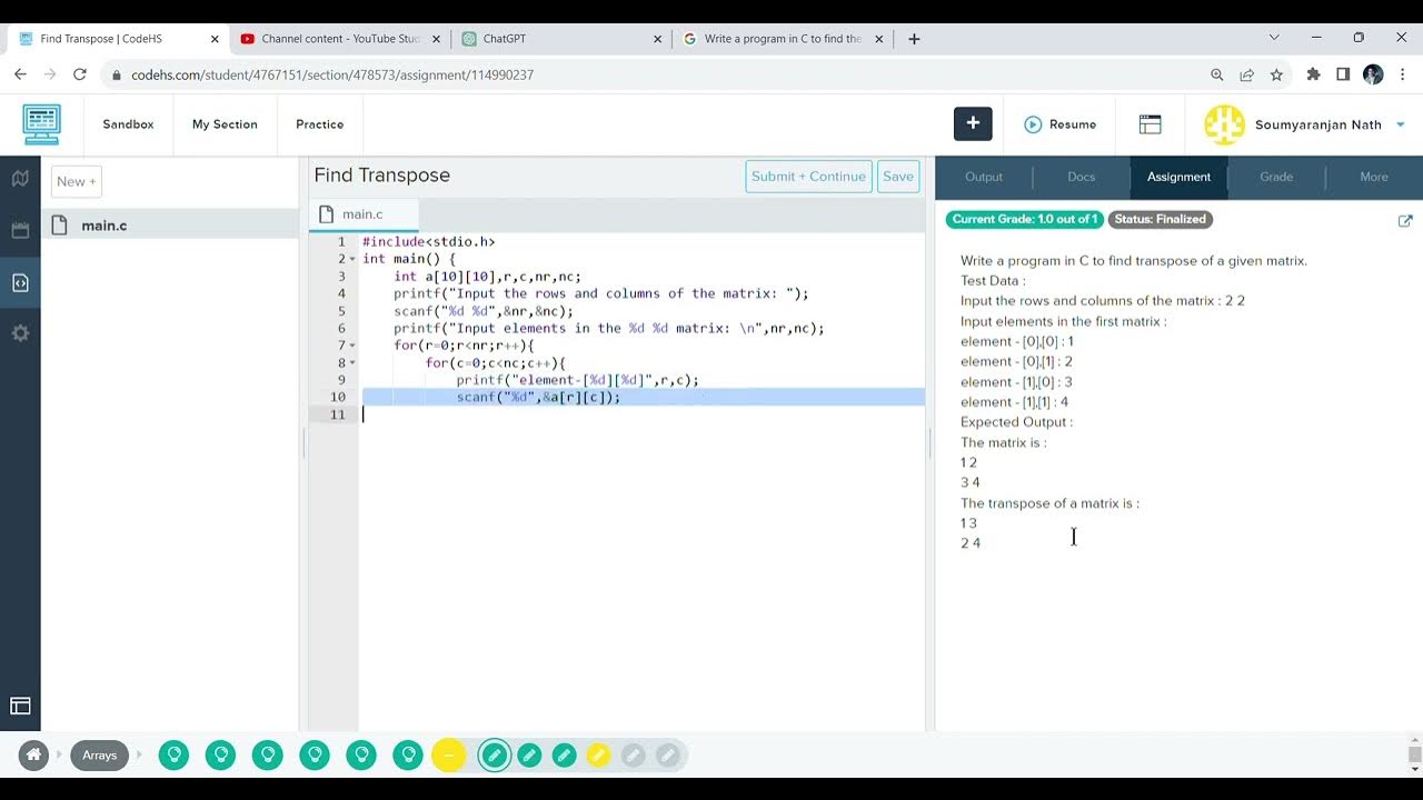Write a program in C to find transpose of a given matrix.#srn - YouTube