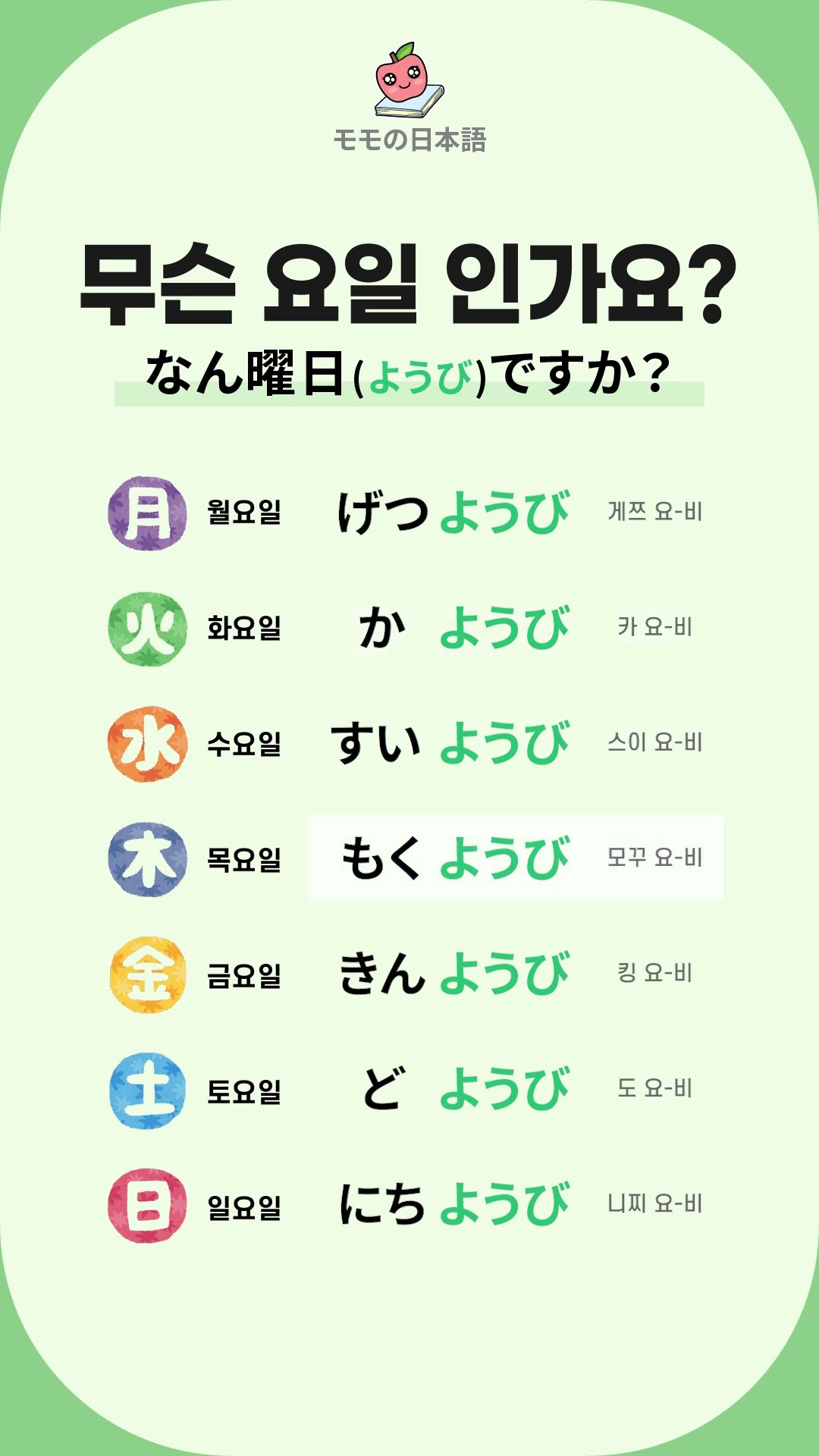Momo Japanese] Day of the week (曜日) ようび (What day of the week