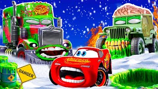Big & Small:McQueen and Mater vs MACK and Sarge ZOMBIE Snow Apocalypse Trailer cars in BeamNG.drive