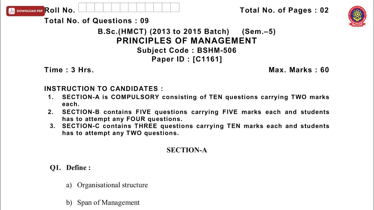 BSC HMCT 5TH SEM PRINCIPLES OF MANAGEMENT C DEC 2018 | PTU