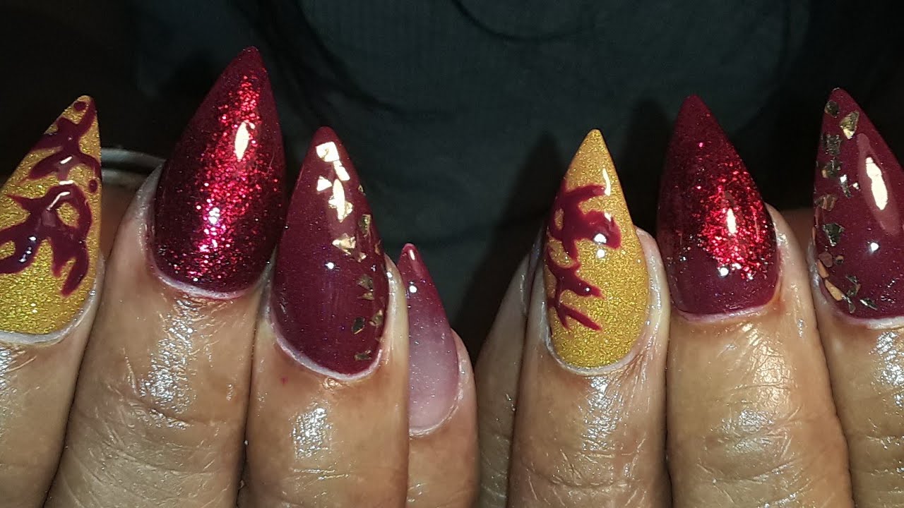 Gold & Burgundy Acrylic Nails Ombre Nails Burgundy