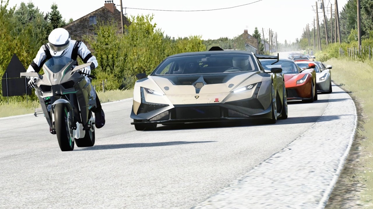 Kawasaki Ninja H2R Superhard vs Hypercars Lamborghini, Bugatti, McLaren, Ferrari ar Old SPA