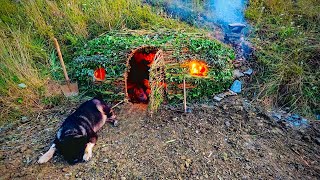 UNDERGROUND HOUSE  Building a Survival Shelter with Fireplace  Bushcraft Solo Camping  Cooking