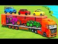 TRANSPORT PORSCHE &amp; URSUS TRACTORS &amp; JEEP 4x4 &amp; MINI COOPER CARS vs RAMPS &amp; HYUNDAI TRUCK - FS22