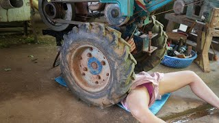 Talented 18-Year-Old Girl Mechanic Repairs Broken Rear Axle Spindle on a Truck with Amazing Skill