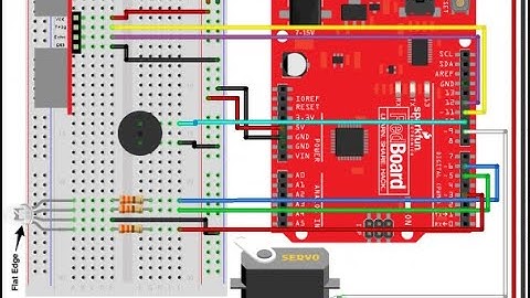 Circuit 3C Motion Alarm: Distance Sensor Controls  a buzzer, servo, and RGB