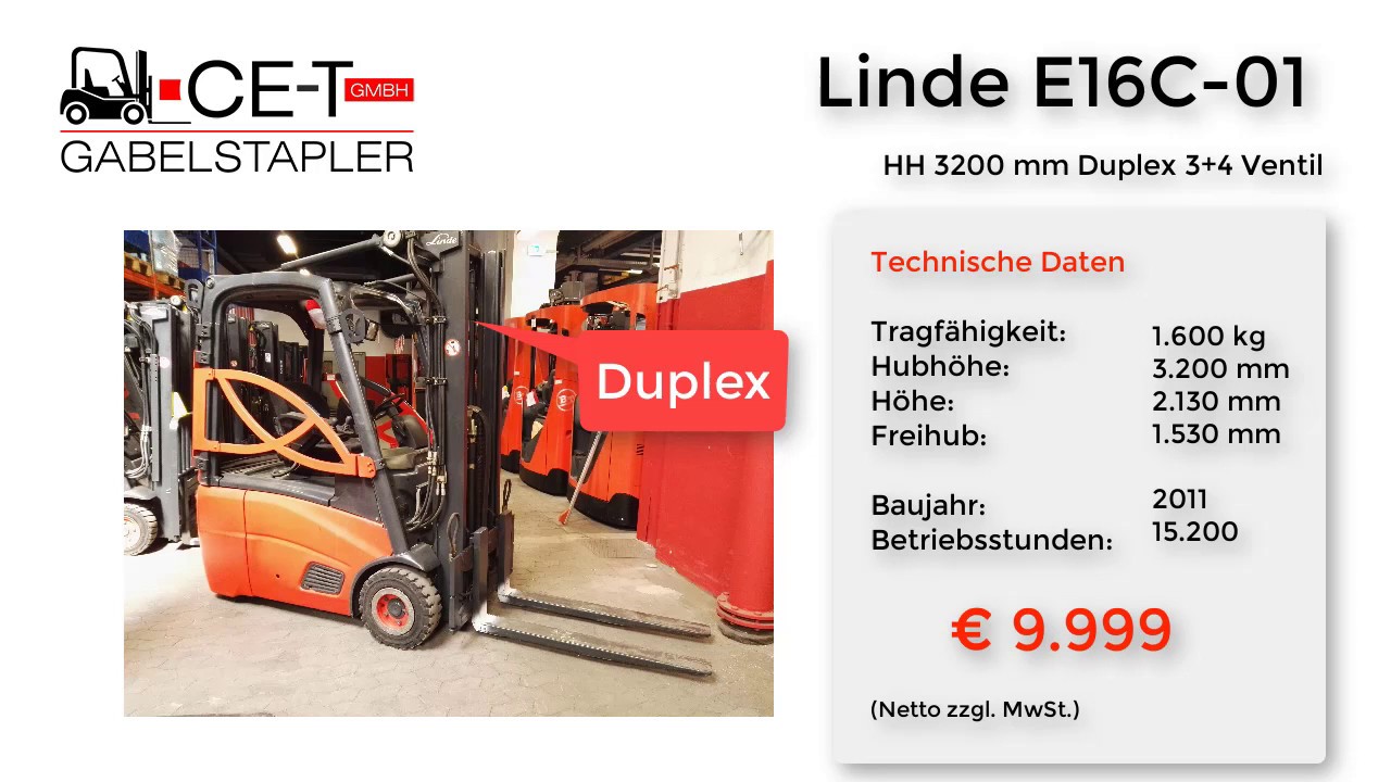 Linde E16C-01// HH 3200 mm, Duplex, 3+4 Ventil, Elektro 3 Rad, Frontstapler