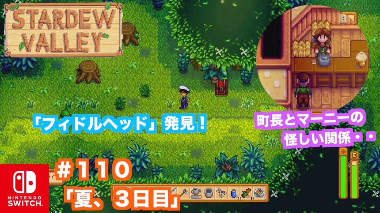 Switch スターデューバレー Stardewvalley １１０ほのぼの農場ライフ 夏 ３日目 フィドルヘッド発見 町長とマーニーの関係って インディーズゲームnintendoswitch Youtube