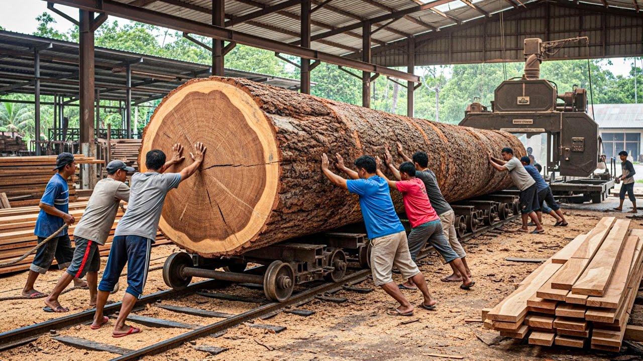 Cutting Ancient Teak: Huge Log Processing with Vertical Bandsaw & Manual Teamwork Technique