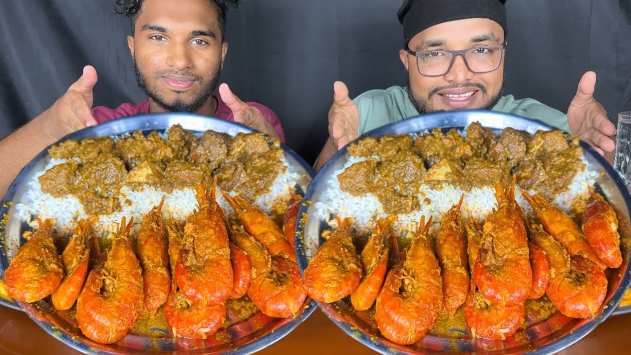 Spicy prawns curry and buffalo meat curry with rice eating challenge,  food challenge,  indian food