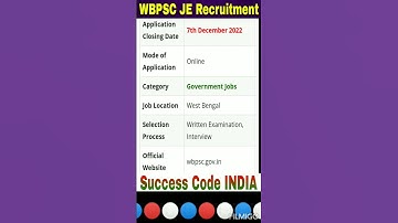 WBPSC JE Recruitment 2022 | WB Govt Jobs Notification 2022 #successcodeindia  #shorts #viral