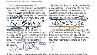 Math 1 Lab   Functions Evaluations   Story Problems