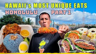 HAWAII's Most Unique Foods You MUST EAT in Oahu | Taro Bagel, Blue Coconut Rice & Corn Dogs: Part 1