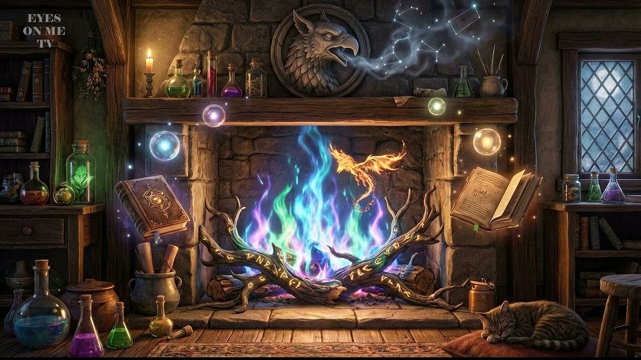 4K Magical Fireplace | Wizards workroom | Ambient Music | Fantasy