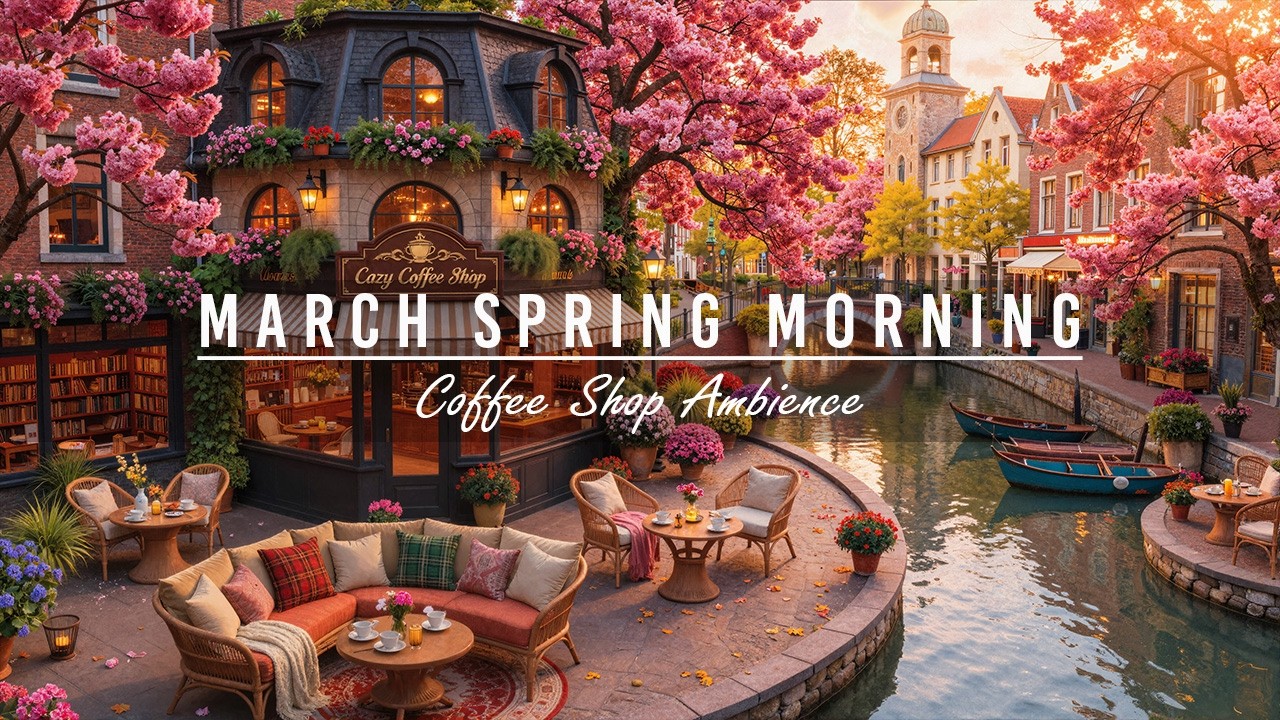 Spring Coffee Hour Fresh March Spring Morning at Outdoor Coffee Shop Ambience 🌸Relaxing ...