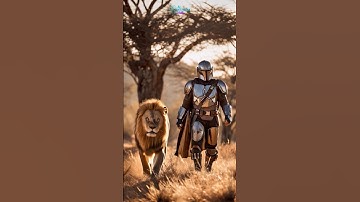 Nature meets Machine - The Lion and The coded Robot side by side walking AI generated video