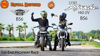 TVS Apache RTR 160 2V BS6 Vs Royal Enfield Bullet 350 BS6 | Top End Race | Close Fight UP65 Racers