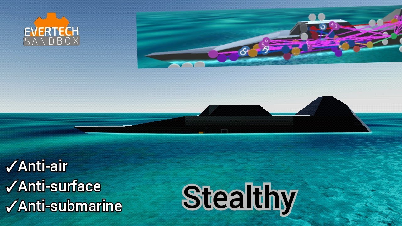 Small Stealthy Warship Destroying Land and Surface Targets in Evertech Sandbox