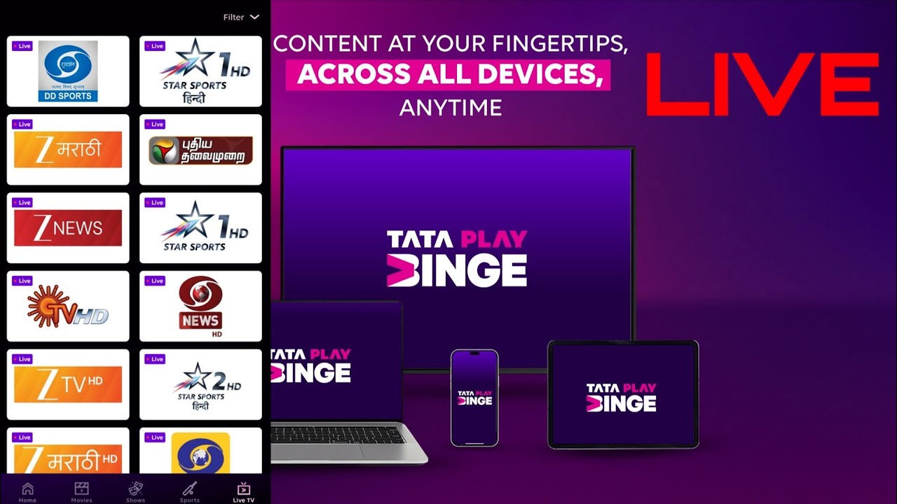 Live tv App for android tv || Tata play binge app with live tv 🤔