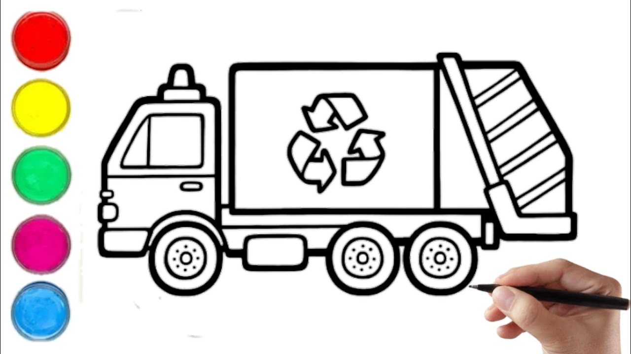How To Draw Recycling Truck For Kids And Toddlers || Colour, Painting ...