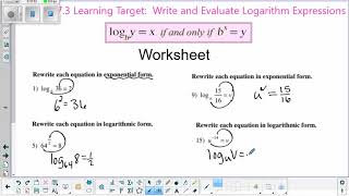 Mrs. Eischens Alg 2 Lesson 7.3 Definition of Logarithms