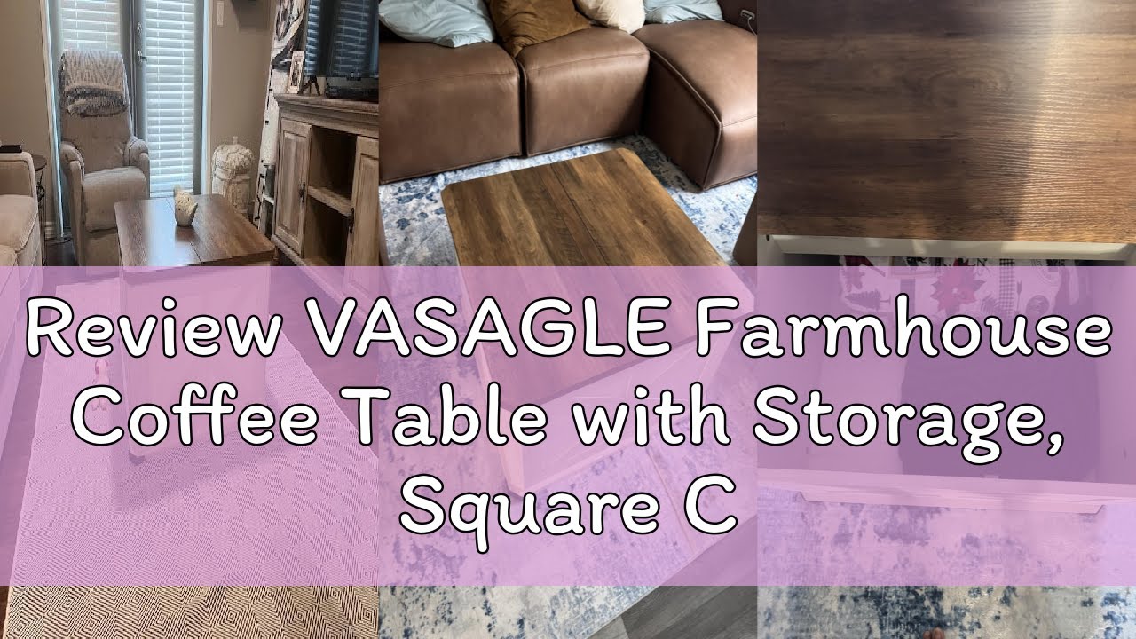 Review VASAGLE Farmhouse Coffee Table with Storage, Square Coffee Table for Living Room, Center Tabl