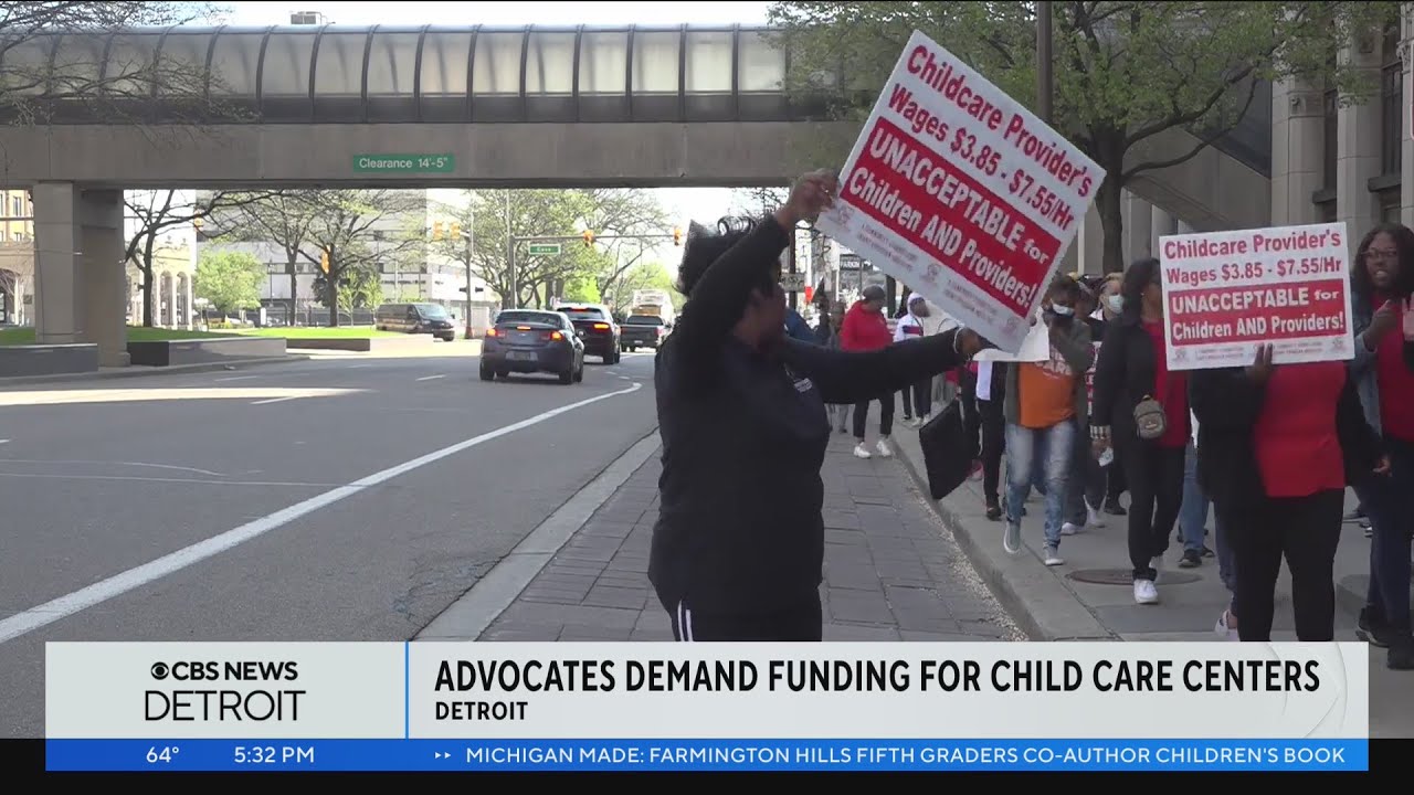 Michigan child care workers rally for higher wages - YouTube