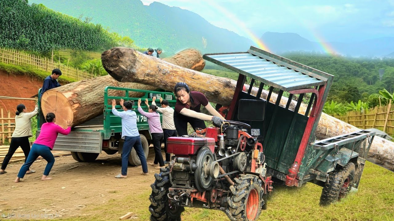 Country girl uses farm vehicle to transport large logs #truck#wood#farm#agricultural#woodtruck #girl