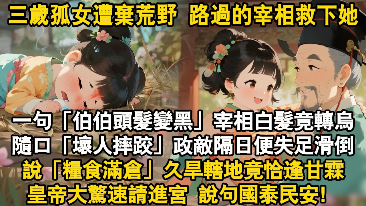 三歲孤女遭棄荒野 路過的宰相救下她一句「伯伯頭髮變黑」宰相白髮竟轉烏隨口「壞人摔跤」政敵隔日便失足滑倒說「糧食滿倉」久旱轄地竟恰逢甘霖皇帝大驚速請進宮說句國泰民安！#爽文 #故事頻道 #萌娃 #情感
