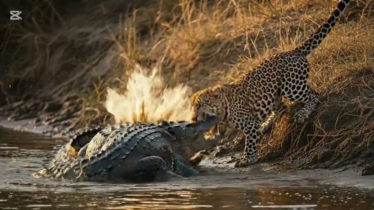 Leopard Bite on crocodile above the river 