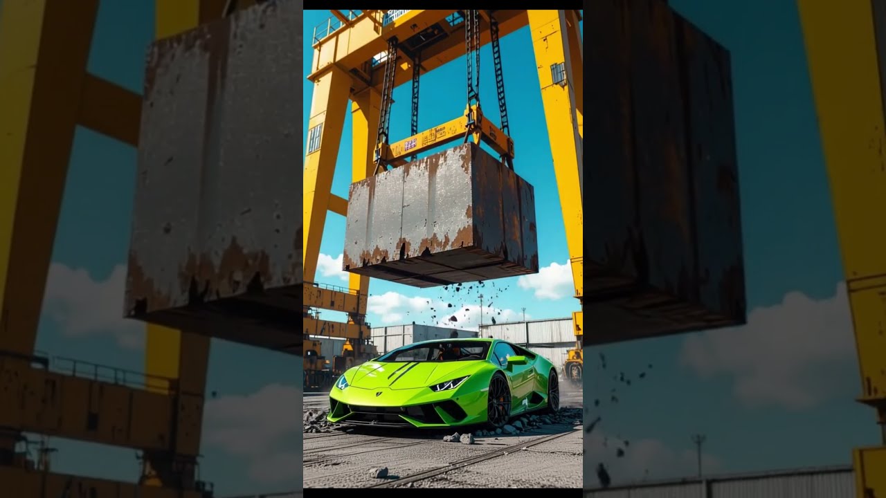 Crushing A Green Lamborghini With Concrete Block 