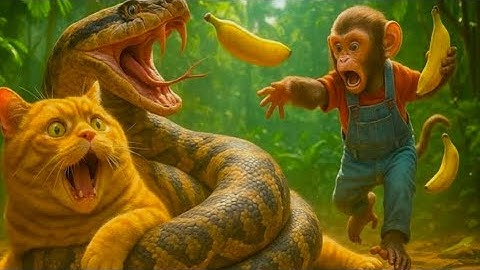 Monkey Saves Fat Orange Cat from Giant Snake😱Throws Banana🍌Later Bakes Donuts🍩 #viral #monkeyandcat 