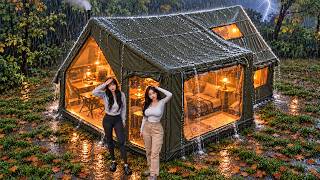 ☔Heavy Rain Camping with 2-Room Inflatable tent⚡️ Rain & Thunderstorms ASMR